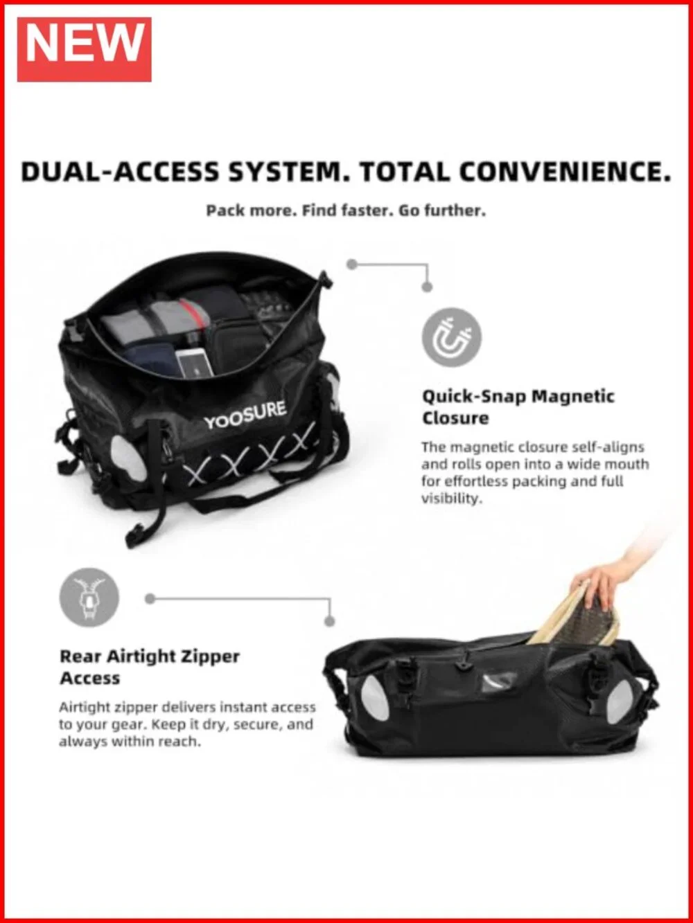 60L Waterproof Dual-Opening Duffel Dry Bag with RollTop & Zippered Access,